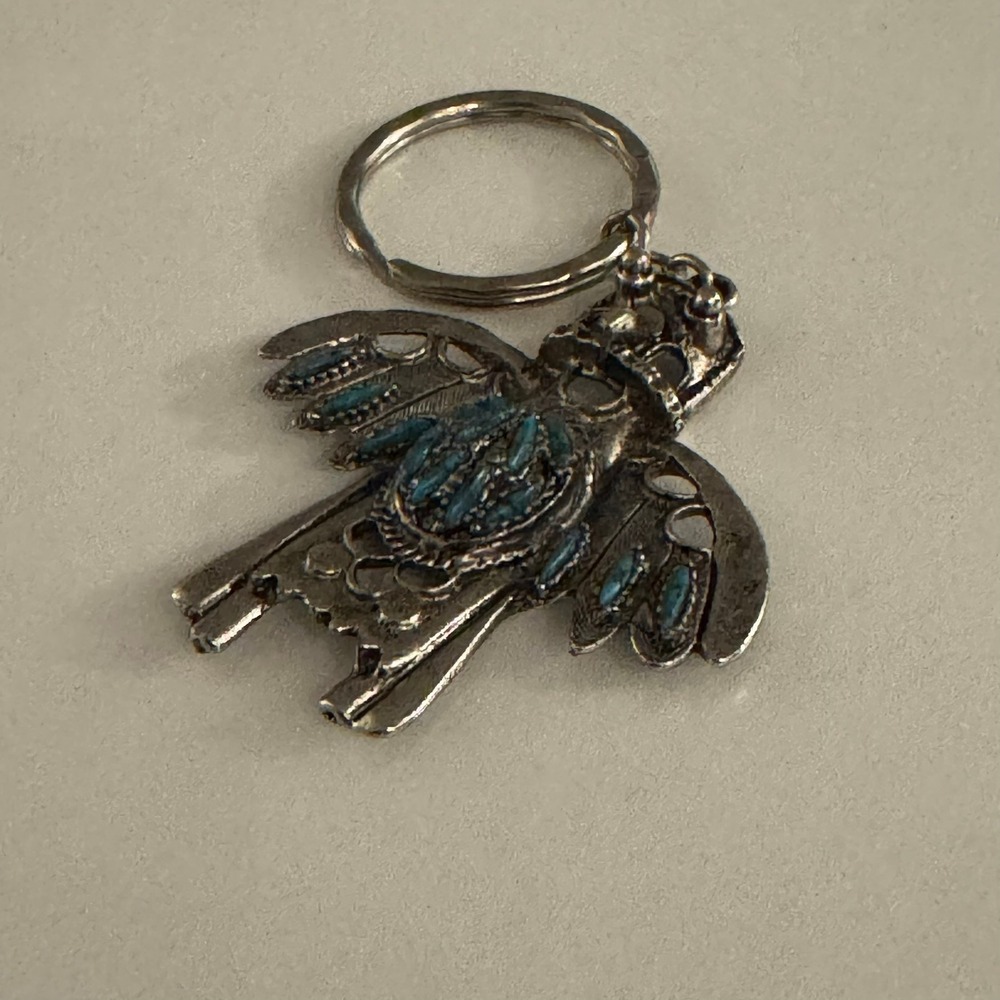 Zuni Style Thunderbird Keychain‎ Silver Tone Turquoise Accent Charm